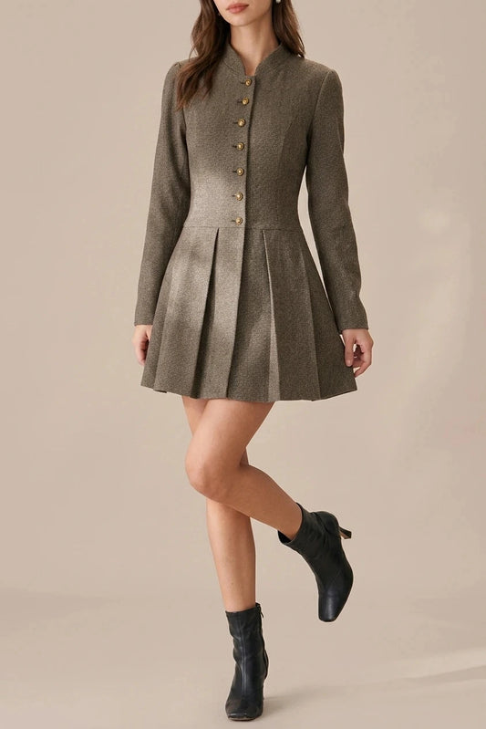 Button Pleated Mini Dress With Gold Button Detail Long Sleeve Fitted Waist