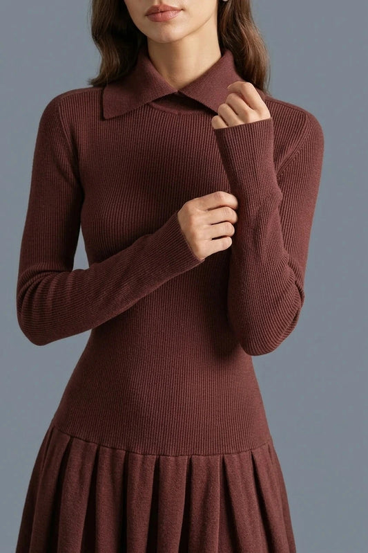 Coffee A-Line Pleated Sweater Dress Collared Long Sleeve Knit Mini