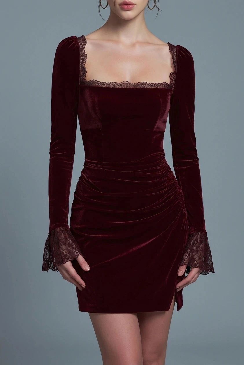 Velour Square Neck Mini Dress Ruched Body Lace Trim Long Sleeves