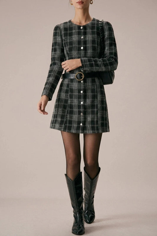 Crew Neck Plaid A-Line Mini Dress With Button Front And Long Sleeves