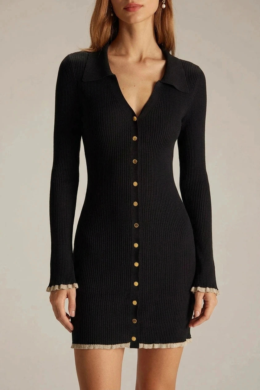 V Neck Contrast Trim Knit Mini Dress Long Sleeve
