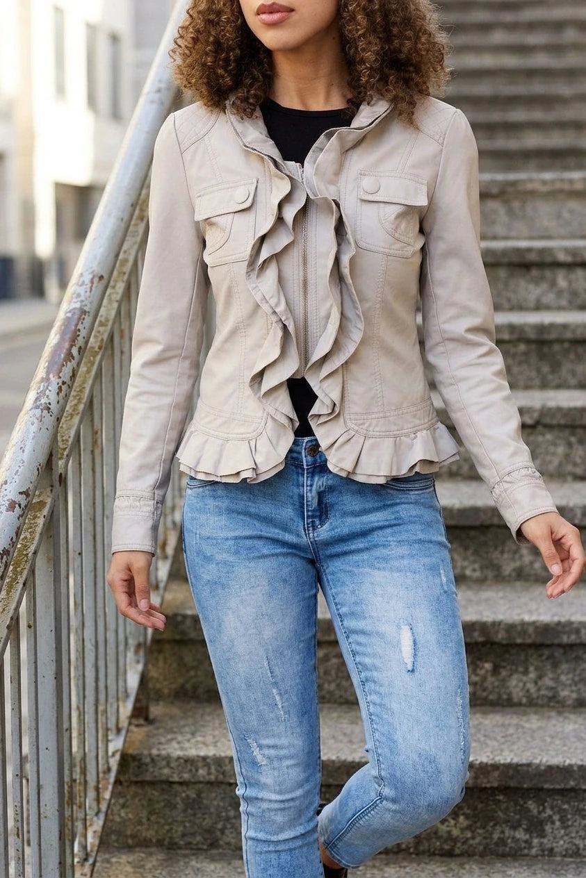 Frilled Front Faux Leather Jacket — variant_front
