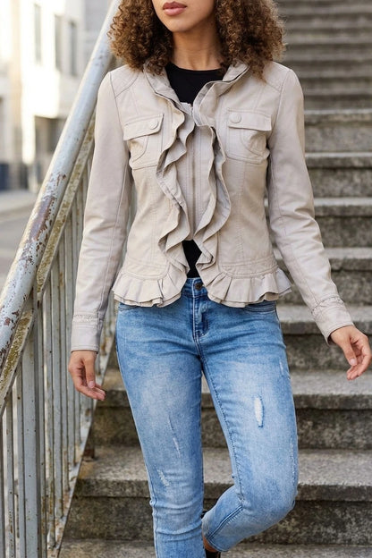 Frilled Front Faux Leather Jacket — variant_front