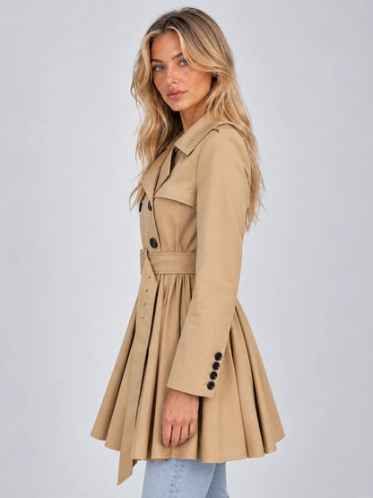 Women’s Pleated Skirt Trench Coat – Double Breasted Belted Jacket — gallery_03.webp