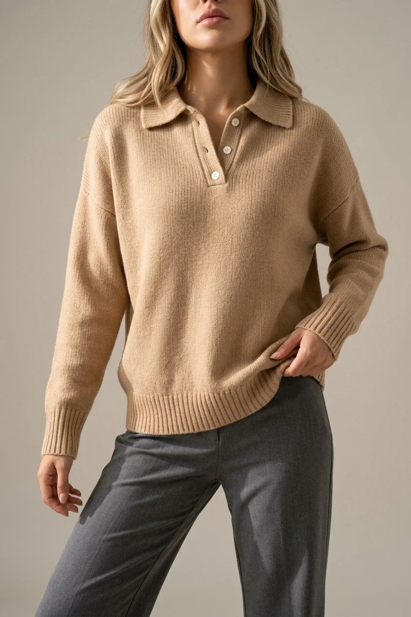 [ASD1] Women'S Elegant Casual Cute Sexy Lapel Solid Color Polo Neck Button Soft Warm Long Sleeve Sweater Pullover Basic Style Sweater — variant_front