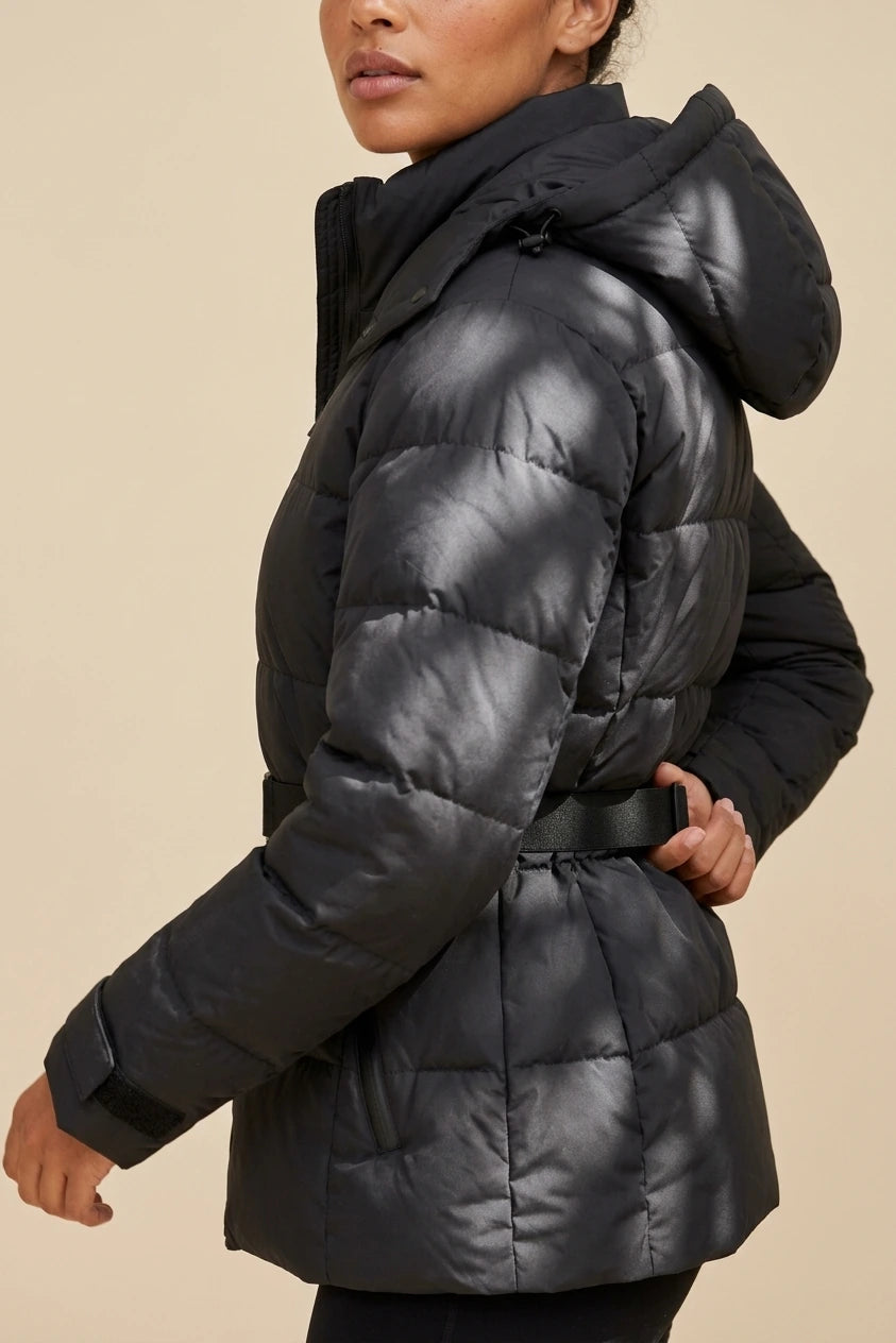 Women’s Belted Hooded Puffer Jacket – Warm Padded Winter Coat — variant_front