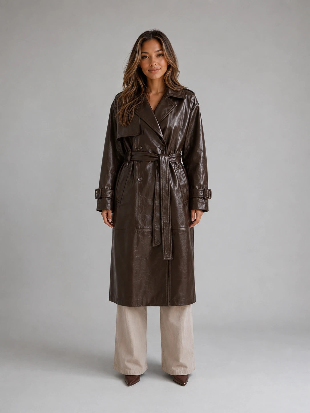Women’s Leather Look Trench Coat – Long Double Breasted Belted Jacket — gallery_01.webp