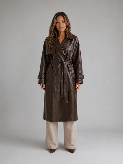 Women’s Leather Look Trench Coat – Long Double Breasted Belted Jacket — gallery_01.webp