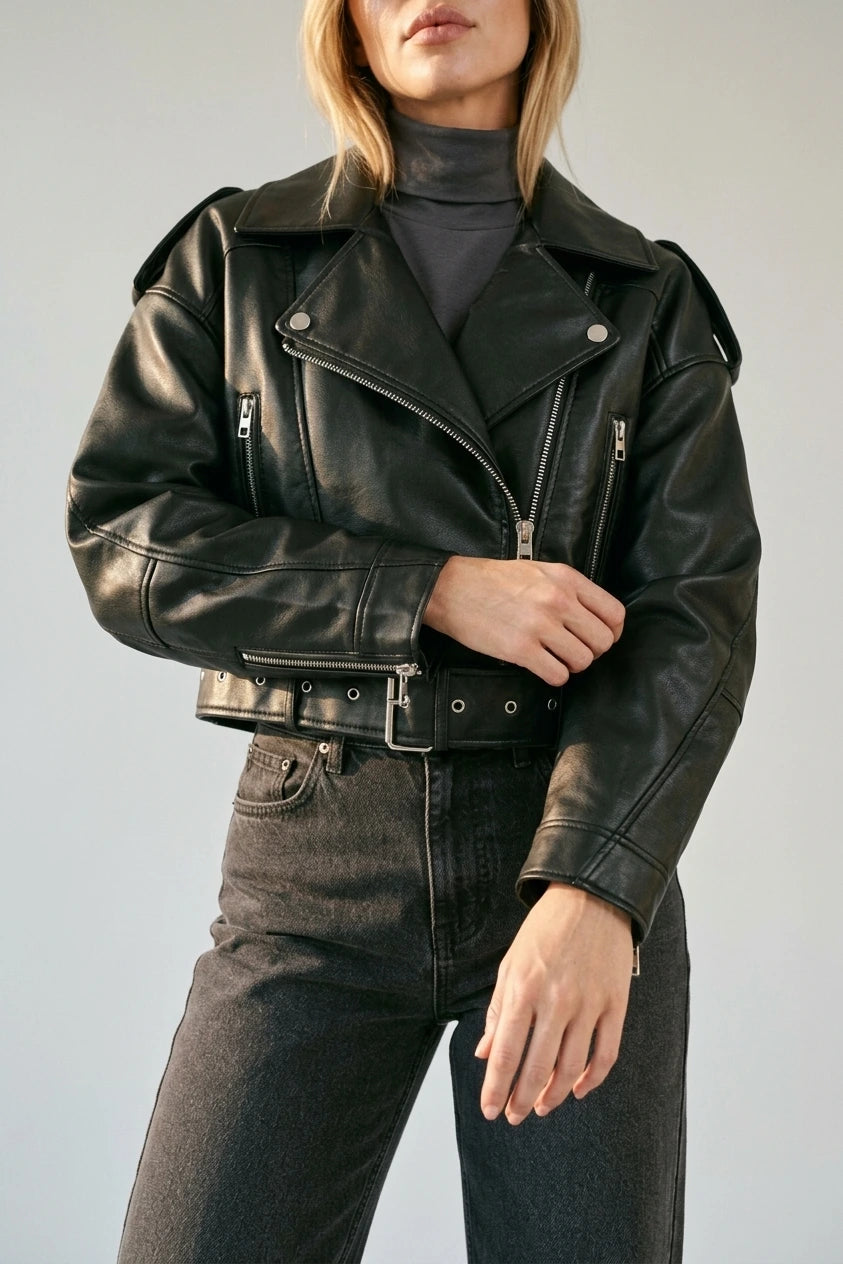 Women’s Cropped Biker Jacket – Belted Zip Motorcycle Style — variant_front