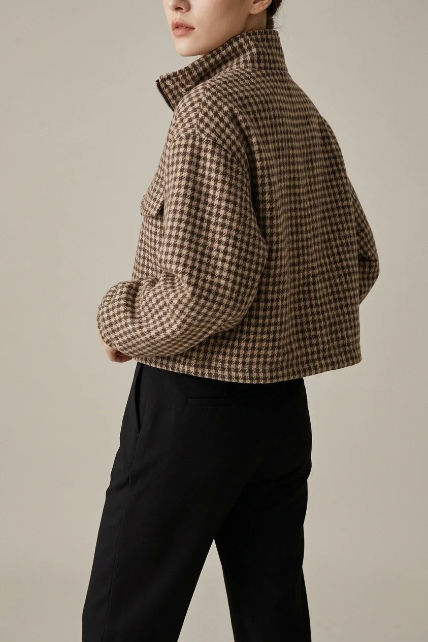 Women's Vintage British Houndstooth Jacket - Short Zip-Up Blazer with Stand Collar, Loose Fit Short Length, Zippered Outerwear Suitable for Spring/Autumn, Casual Office Wear, Machine Washable Houndstooth Suit — variant_front