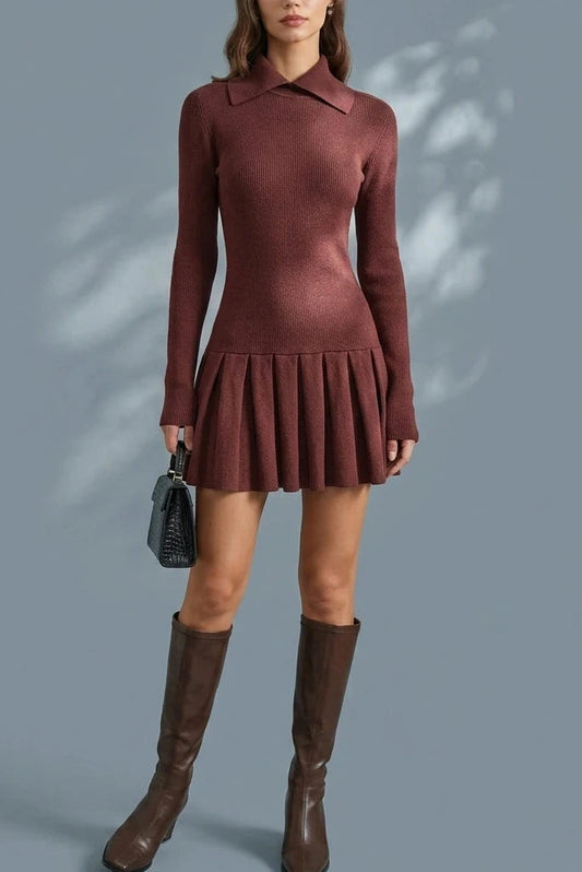 Coffee A-Line Pleated Sweater Dress Collared Long Sleeve Knit Mini