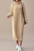 Ribbed Turtleneck Midi Dress with Long Sleeves, Relaxed Fit