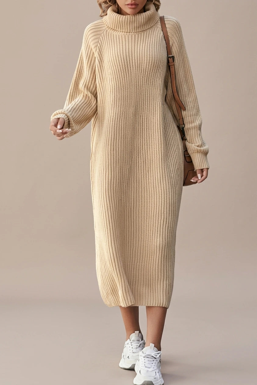 Women's Ribbed Turtleneck Midi Dress with Long Sleeves — variant_front