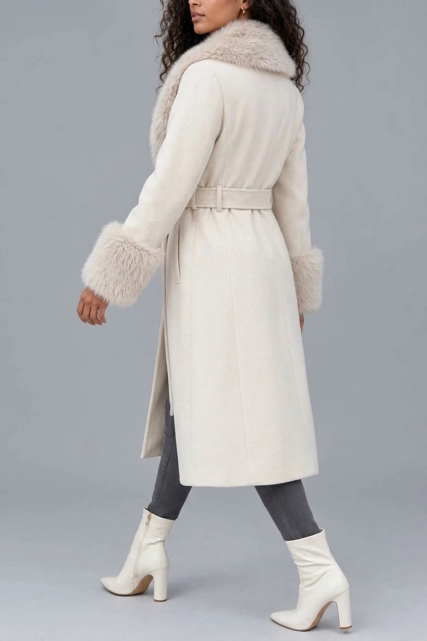 Women’s Faux Fur Collar Coat – Belted Double Breasted Long Winter Coat — variant_front