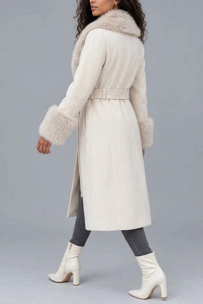 Women’s Faux Fur Collar Coat – Belted Double Breasted Long Winter Coat — variant_front