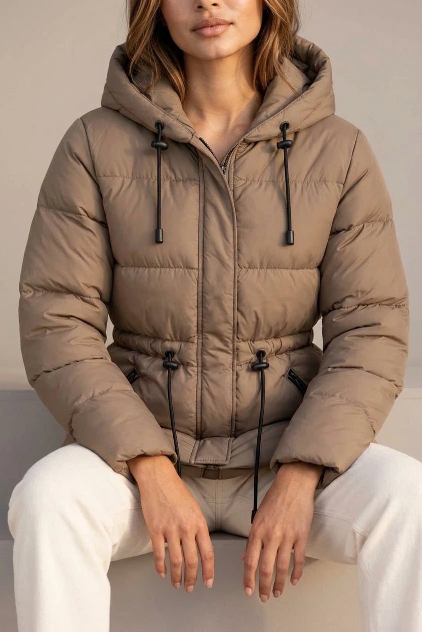 Women’s Hooded Puffer Jacket – Drawstring Waist Quilted Winter Coat — variant_front
