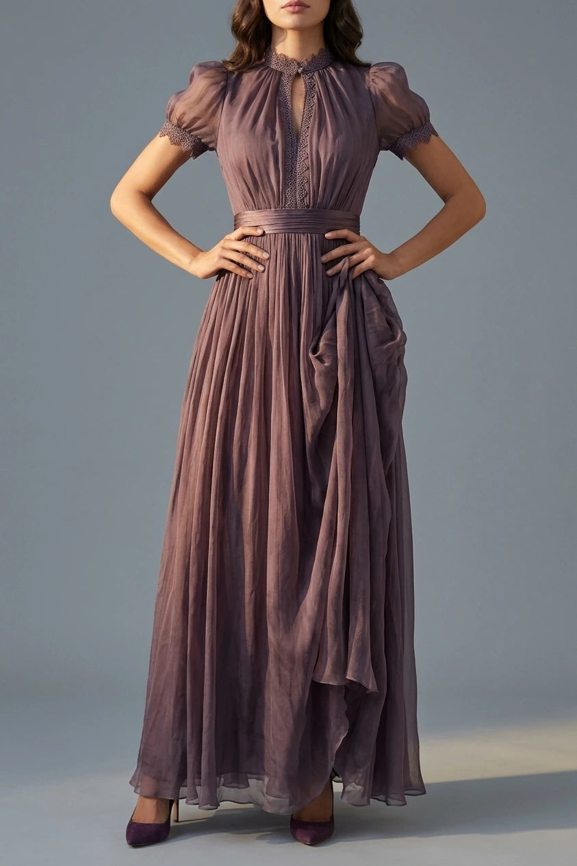 Elegant Mauve Chiffon Maxi Dress with Lace Trim and Satin Waist Belt — variant_front