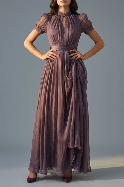 Elegant Mauve Chiffon Maxi Dress with Lace Trim and Satin Waist Belt — variant_front