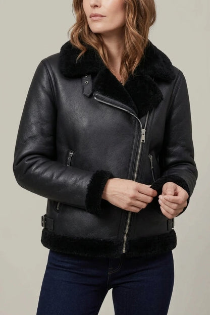Noirellé – Asymmetric zip – Shearling biker jacket — variant_front