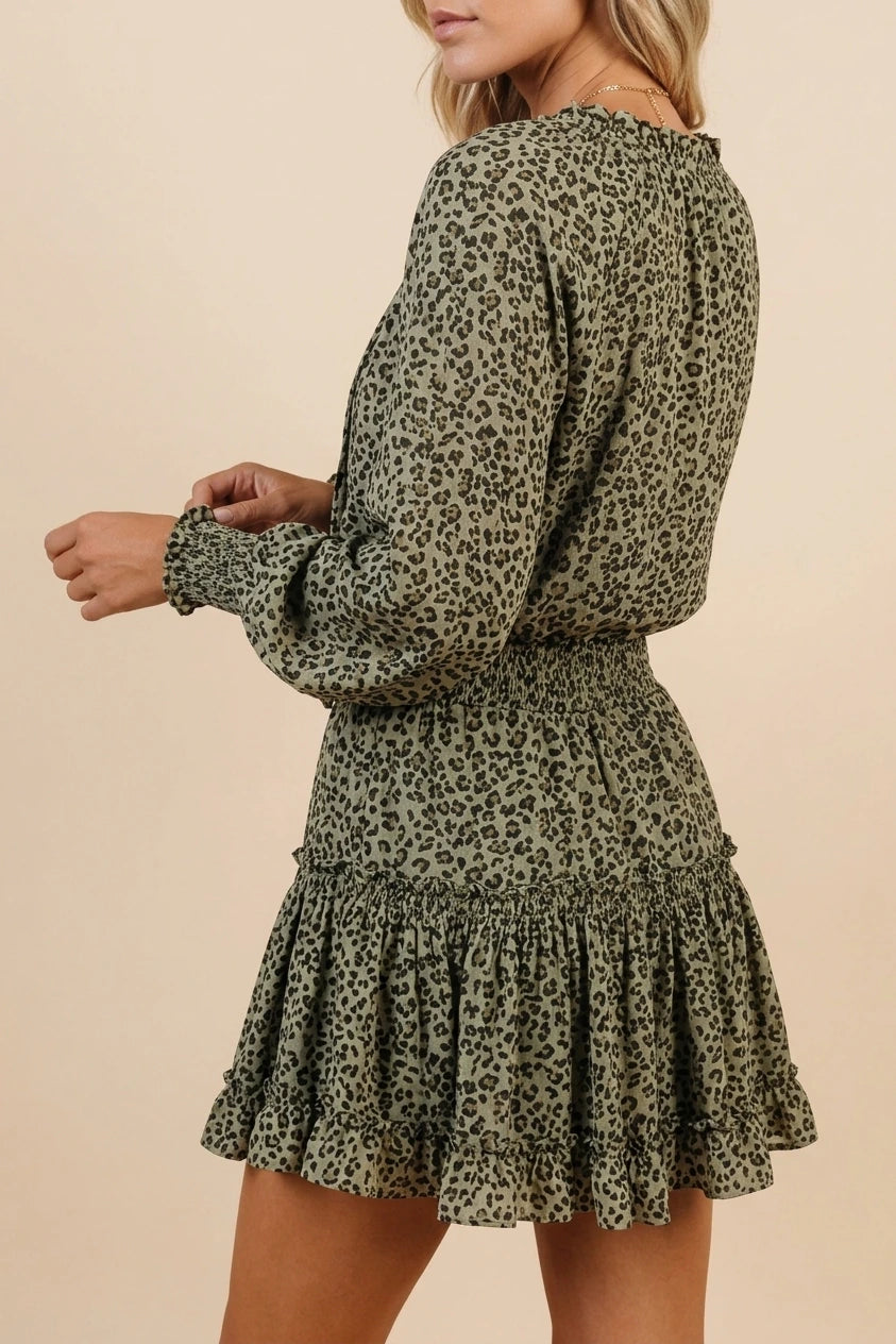 Leopard Print Mini Dress - V-Neck with Smocked Bodice & Ruffled Tiered Skirt — variant_front
