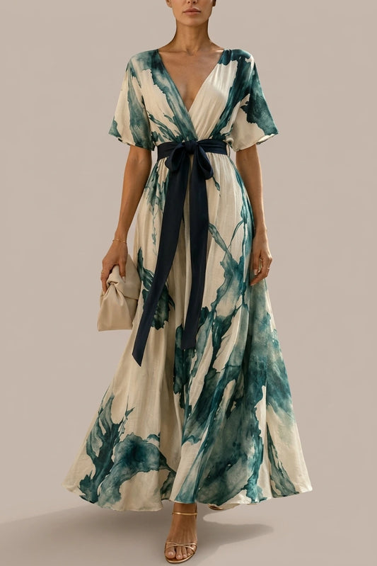 Elegant Wrap Maxi Dress with Watercolour Print and Tie Waist — variant_front