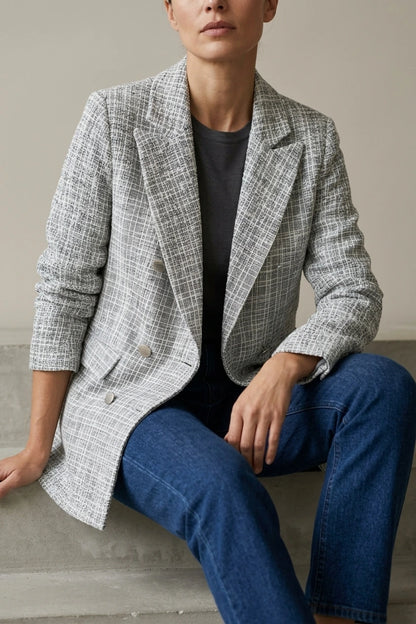 Women's Double-Breasted Tweed Blazer with Notched Lapel — variant_front