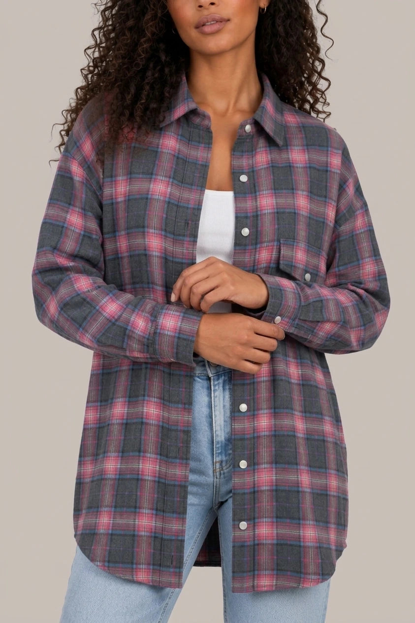 Women’s Oversized Check Shirt – Longline Button-Up Blouse — variant_front