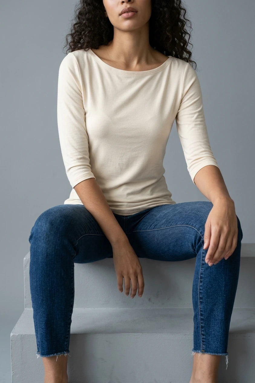 Casual Boat Neck 3/4 Sleeve T-shirt, Fitted Everyday Top — variant_front