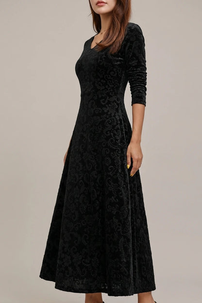 Elegant Vintage Velvet Floral V Neck Long Sleeves Maxi Dress — variant_front