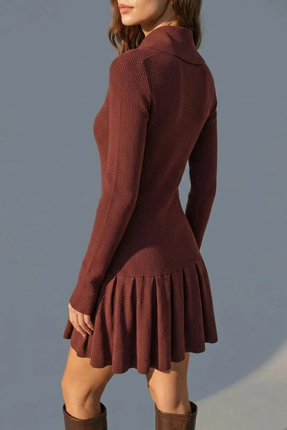 Coffee A-Line Pleated Sweater Dress Collared Long Sleeve Knit Mini