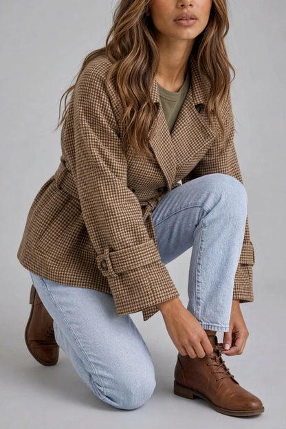 Women’s Short Trench Coat – Double Breasted Belted Jacket with Check Pattern — variant_front