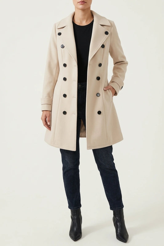 Notched Lapel Buttoned Decor Open Front Coat — variant_front