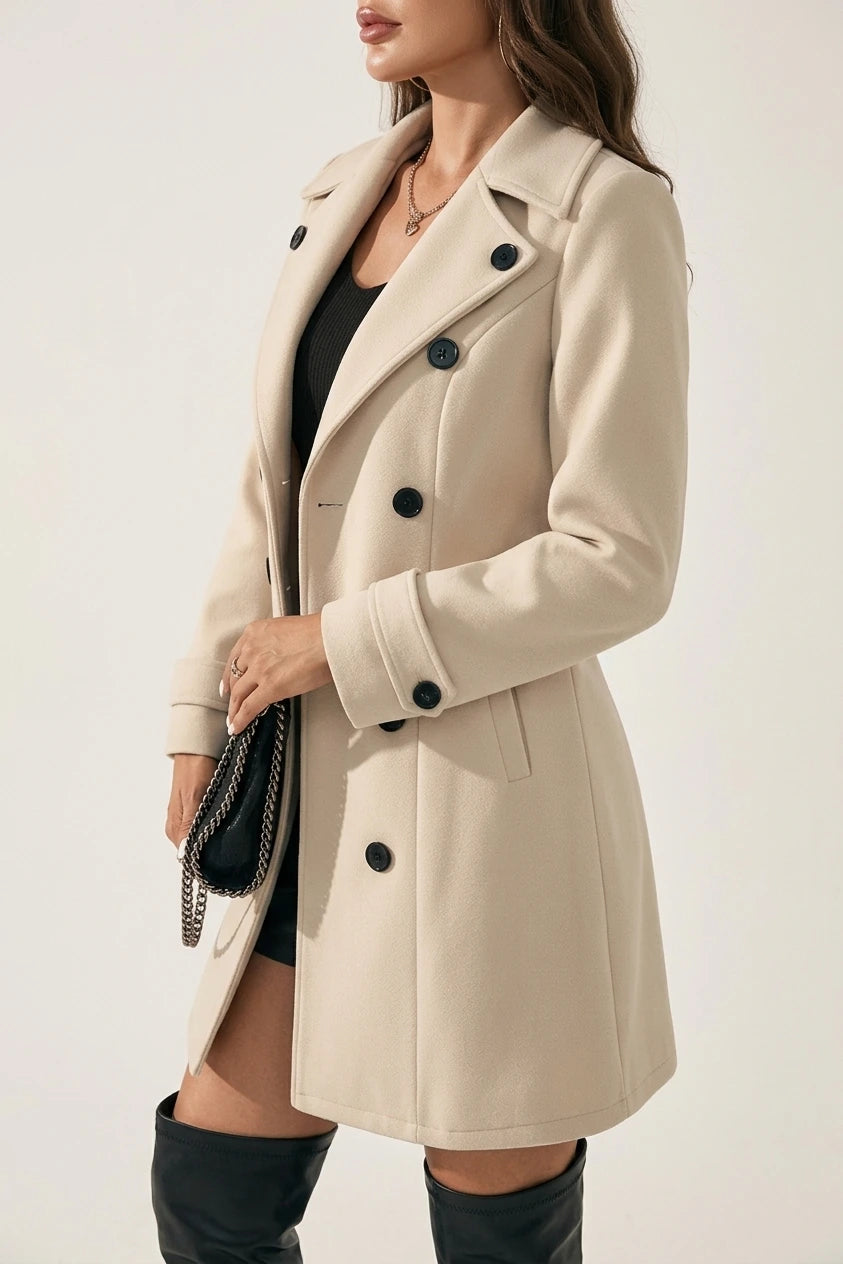 Notched Lapel Buttoned Decor Open Front Coat — variant_front