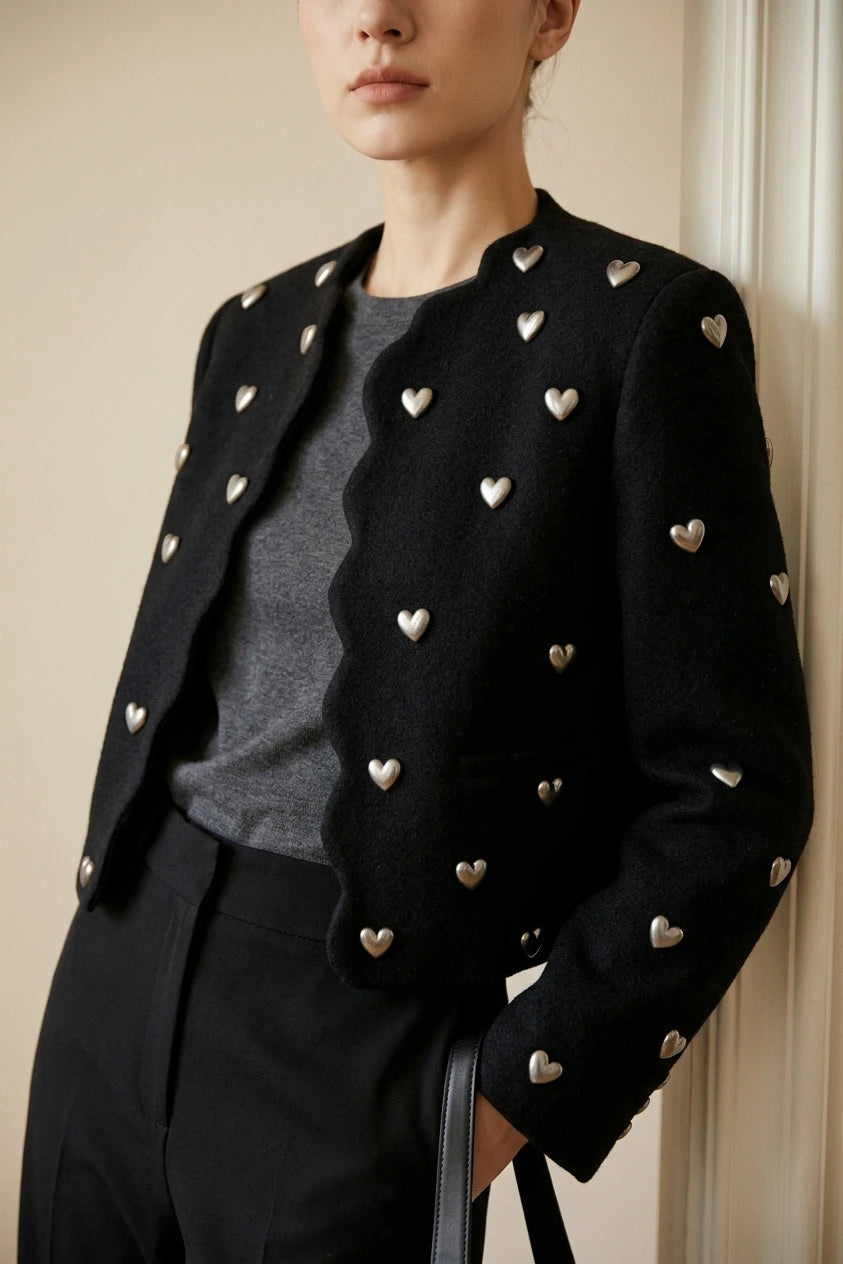 Women's Heart Embellishment Cropped Blazer Collared — variant_front