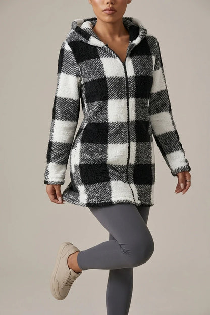 Women's Autumn/Winter Two-Tone Black/White Coffee Gray/White Plaid Long Sleeve Zip-Up Warm Hooded Jacket — variant_front