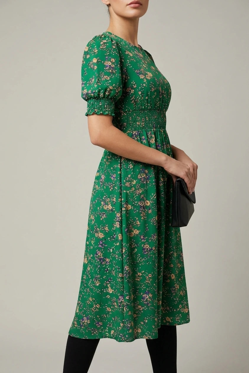 Floral Puff Sleeves Smocked Waist A-Line Midi Dress — variant_front