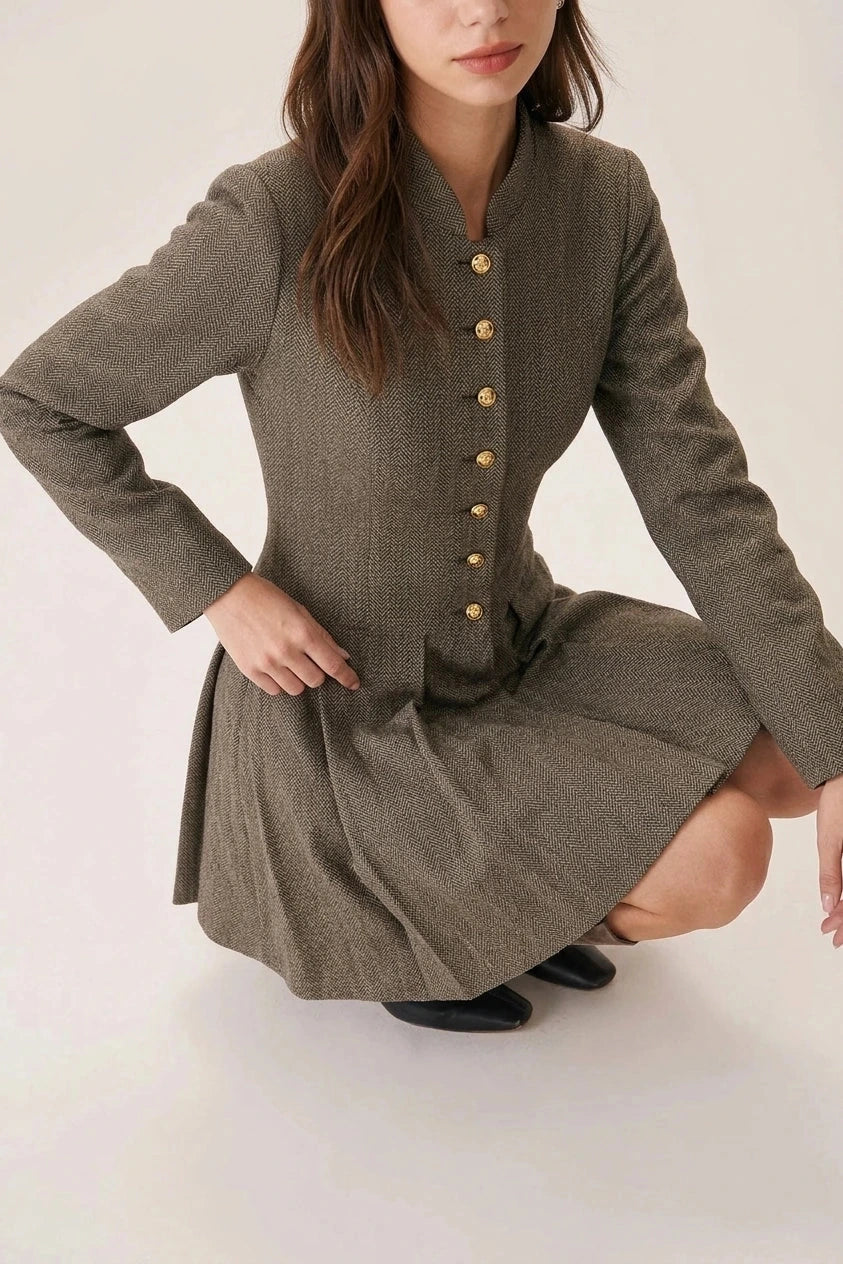 Button Pleated Mini Dress With Gold Button Detail Long Sleeve Fitted Waist