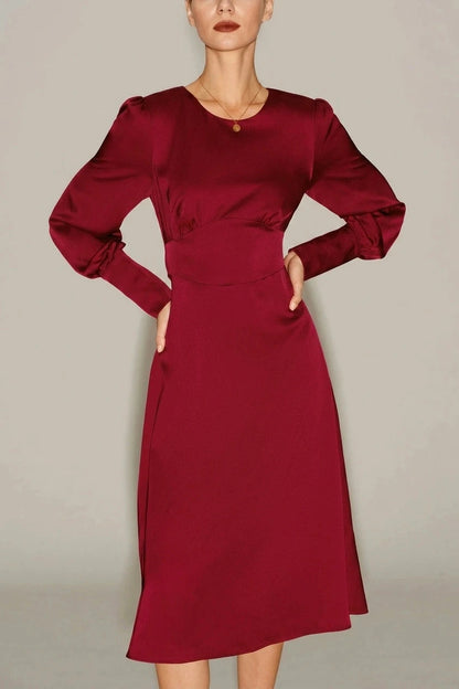 Satin A-Line Midi Dress With Puff Sleeves And Crew Neck
