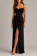 Glitter Corset Maxi Dress with Thigh Split & Cowl Neck