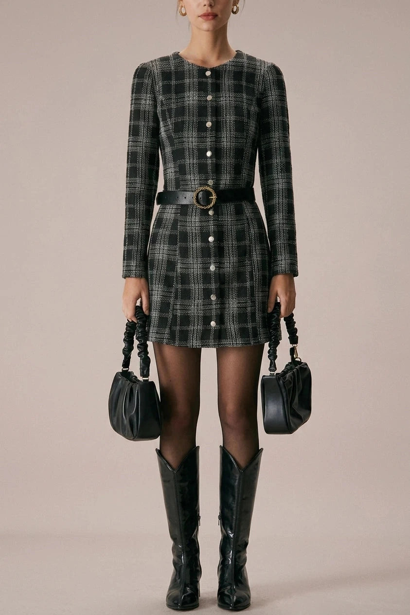 Crew Neck Plaid A-Line Mini Dress With Button Front And Long Sleeves