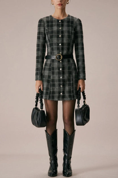 Crew Neck Plaid A-Line Mini Dress With Button Front And Long Sleeves