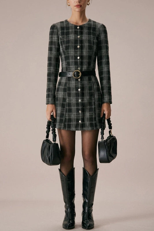 Crew Neck Plaid A-Line Mini Dress With Button Front And Long Sleeves