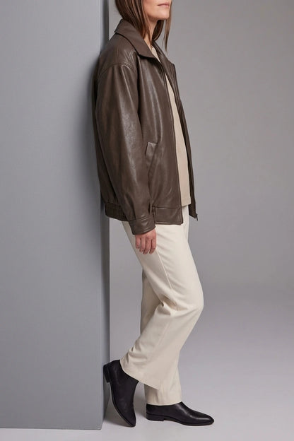 Brown Faux Leather Oversized Bomber Jacket — variant_front