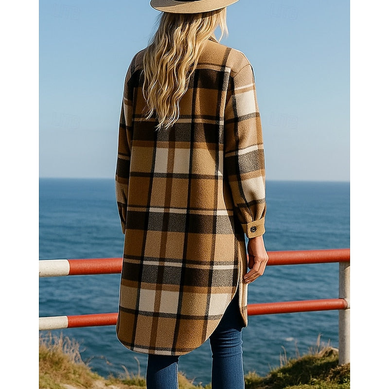 Checked Longline Coat with Button Front, Relaxed Fit — variant_front