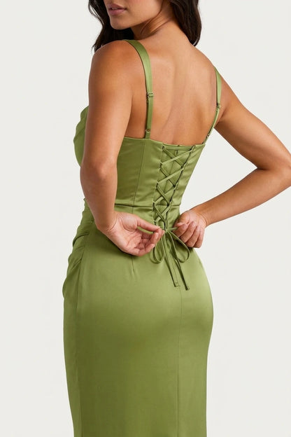Women’s Satin Feel Ruched Waist Maxi Dress – Sculpted Fit — variant_front