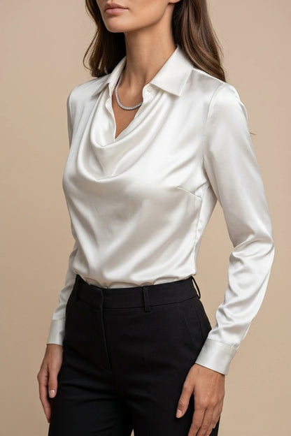Elegant Satin Blouse with Draped Neckline and Classic Collar — variant_front