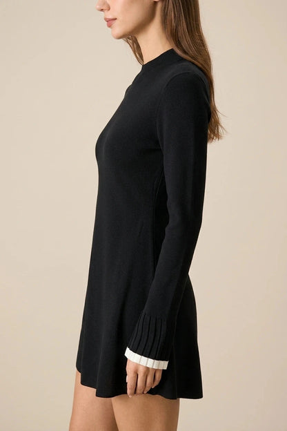 Contrast Trim Knit Mini Dress With Mock Neck And Ribbed Cuffs