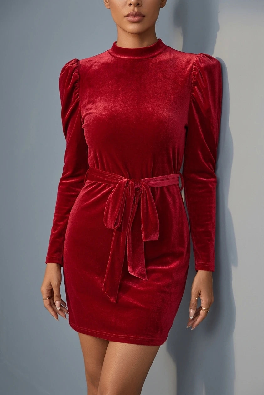 Women's Puff Sleeve Velvet Mini Dress with Tie Belt — variant_front