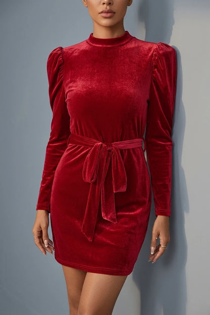 Women's Puff Sleeve Velvet Mini Dress with Tie Belt — variant_front