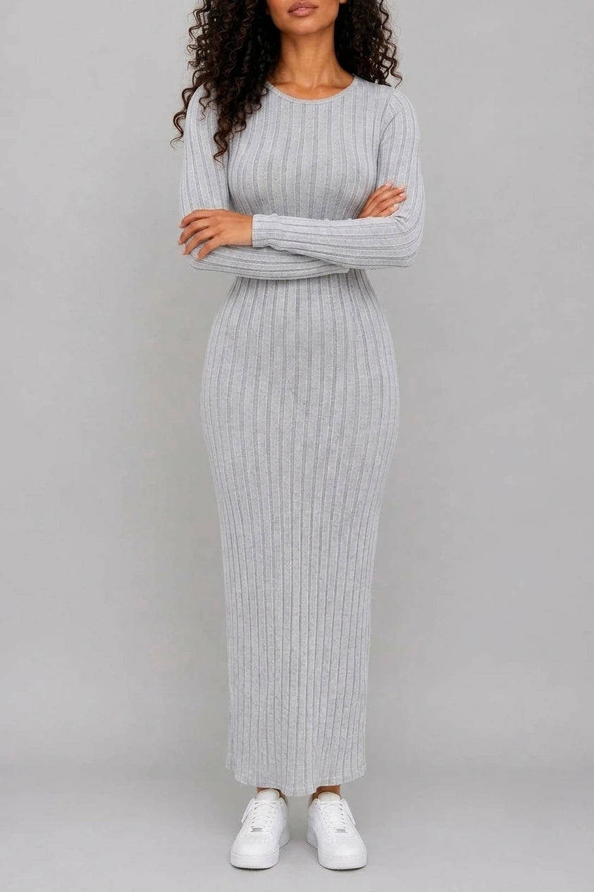 Women’s Ribbed Knit Maxi Dress – Long Sleeve Bodycon Style — variant_front
